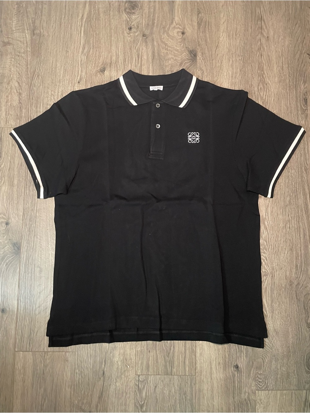 Loewe Anagram Embroidered Logo Black Polo Shirt White Trim Men's Size Large